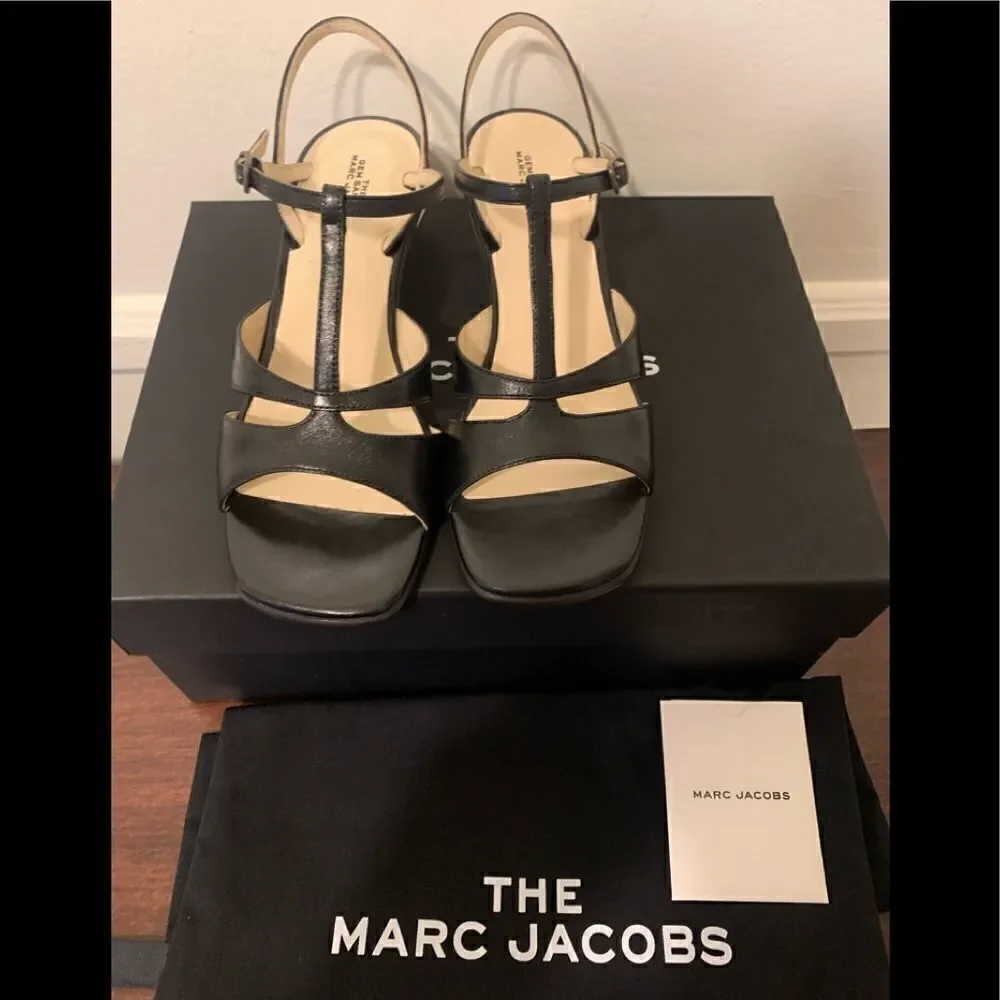 Marc Jacob Women’s heel T- stripe leather black sandal Sz  US6,5-7/ EU 37, NIB